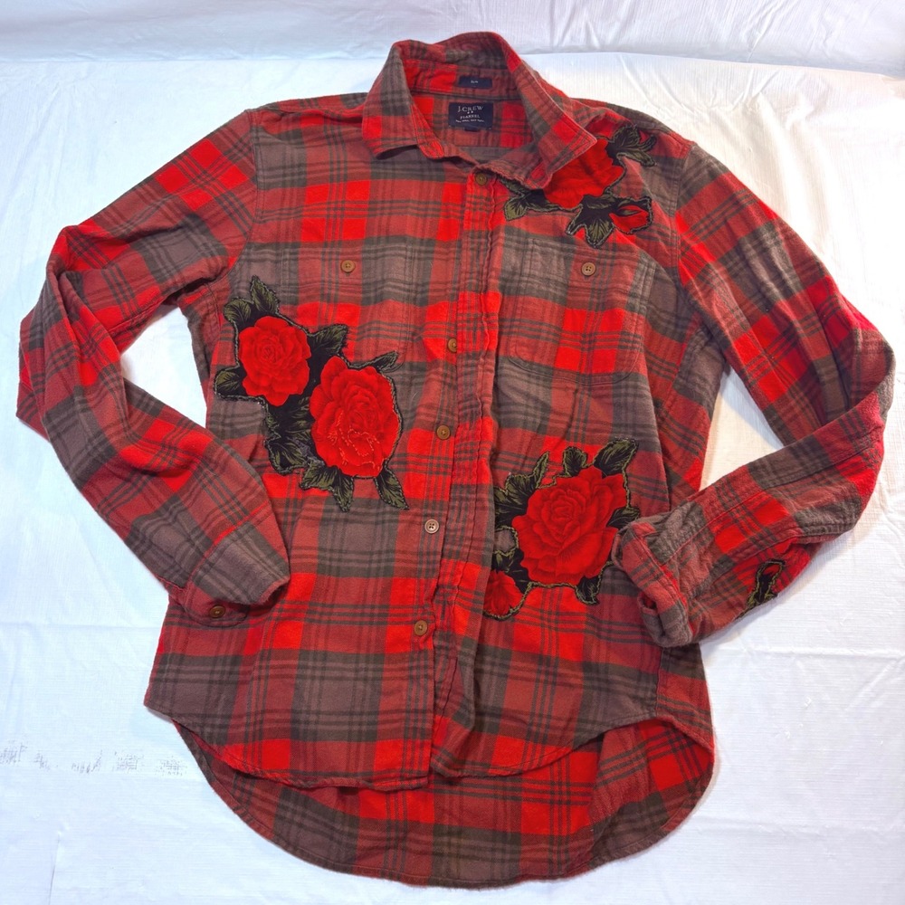 J.Crew Slim Flannel‎ Shirt Womens Medium Red Grey Plaid Rose Floral Embroidered
